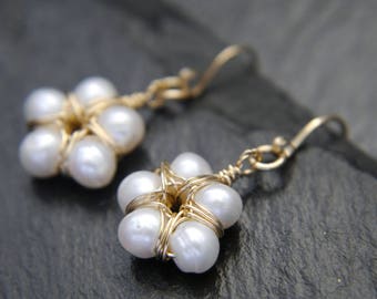 Pearl Earrings Freshwater Pearl Flower Earrings Gold Filled Earrings Wire Wrapped White Pearl Earrings smaid Gift Boho Wedding Bride