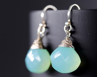 Aqua Chalcedony Earrings Sterling Silver Earrings Heart Briolette Earrings Gemstone Simple Delicate Wedding Teal Sea Glass