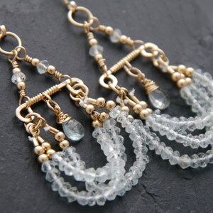 Bohemian Aquamarine Gold Chandelier Earrings Art Deco Earrings Goddess Earrings Draped Earrings March Birthstone