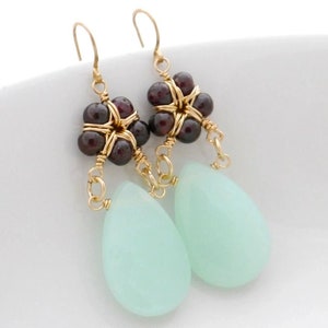 Aqua Chalcedony Garnet Flower Earrings Gold Filled Wire Wrapped Teardrop Dangle Gemstone Earrings Sea Glass Robin's Egg Blue Wedding image 6