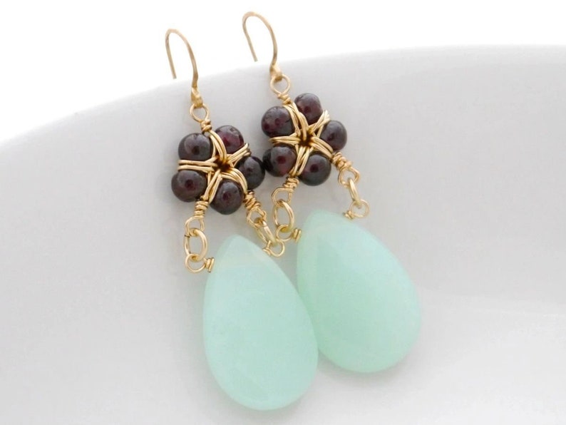 Aqua Chalcedony Garnet Flower Earrings Gold Filled Wire Wrapped Teardrop Dangle Gemstone Earrings Sea Glass Robin's Egg Blue Wedding image 6