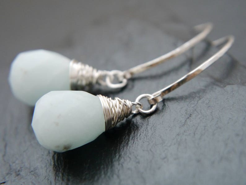 Aqua Amazonite Pear Wire Wrapped Sterling Silver Long Dangle Hoop