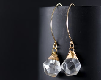 Quartz  Earrings  Dangle  Drop  Gold  Filled Wire Wrapped Hoops Handmade Jewelry April Birthstone Natural Gemstone Boho Wedding Bride