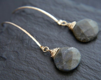 Labradorite Earrings Gold Hoop Earrings Gold Filled Wire Wrapped Gemstone Earrings Teardrop Earrings Long Hoop Earrings Boho Wedding