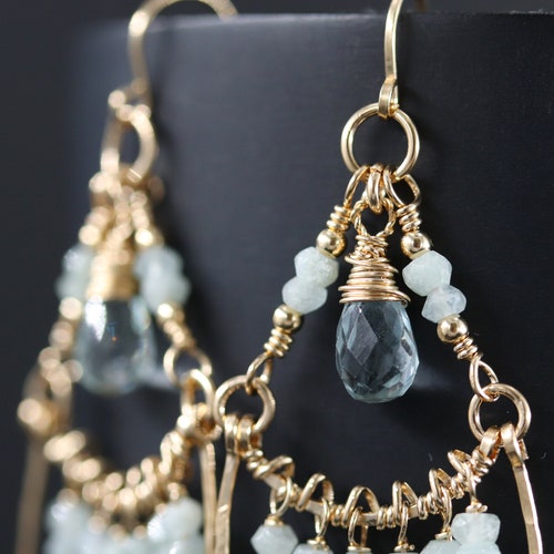 Natural Aquamarine Gemstone shops Fringe Chandelier Earrings, 14K Gold Filled Tassel Earrings, Bohemian Art Deco Earrings, Wedding - MADE TO ORDER