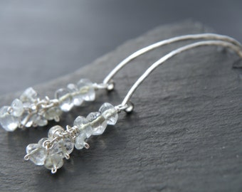 Sterling Silver Hoop Earrings Quartz Earrings Gemstone Cluster Earrings Long Dangle Hoop Earrings Quartz Crystal Earrings Wedding Boho