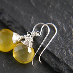 Yellow Chalcedony Earrings Sterling Silver Earrings Heart Briolette Earrings Gemstone Wire Wrapped Gemstone Earrings Marigold image 5