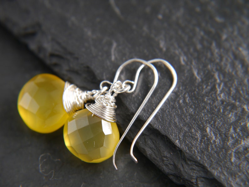 Yellow Chalcedony Earrings Sterling Silver Earrings Heart Briolette Earrings Gemstone Wire Wrapped Gemstone Earrings Marigold image 5