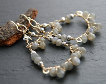 Labradorite Chandelier Earrings Gold Fill Wire Wrapped Pyrite Gemstone Earrings Grey Earrings Bohemian Boho Dangle Wedding Bride