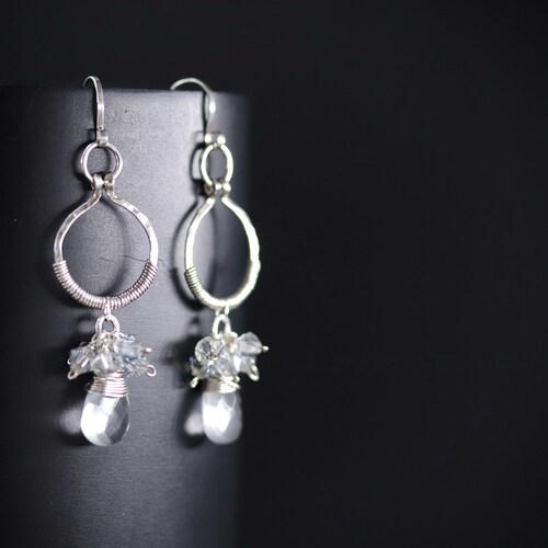 Quartz and Aquamarine Cluster Dangle orders Earrings, Sterling Silver, Natural Gemstone, Wire Wrapped, Bridal, Wedding