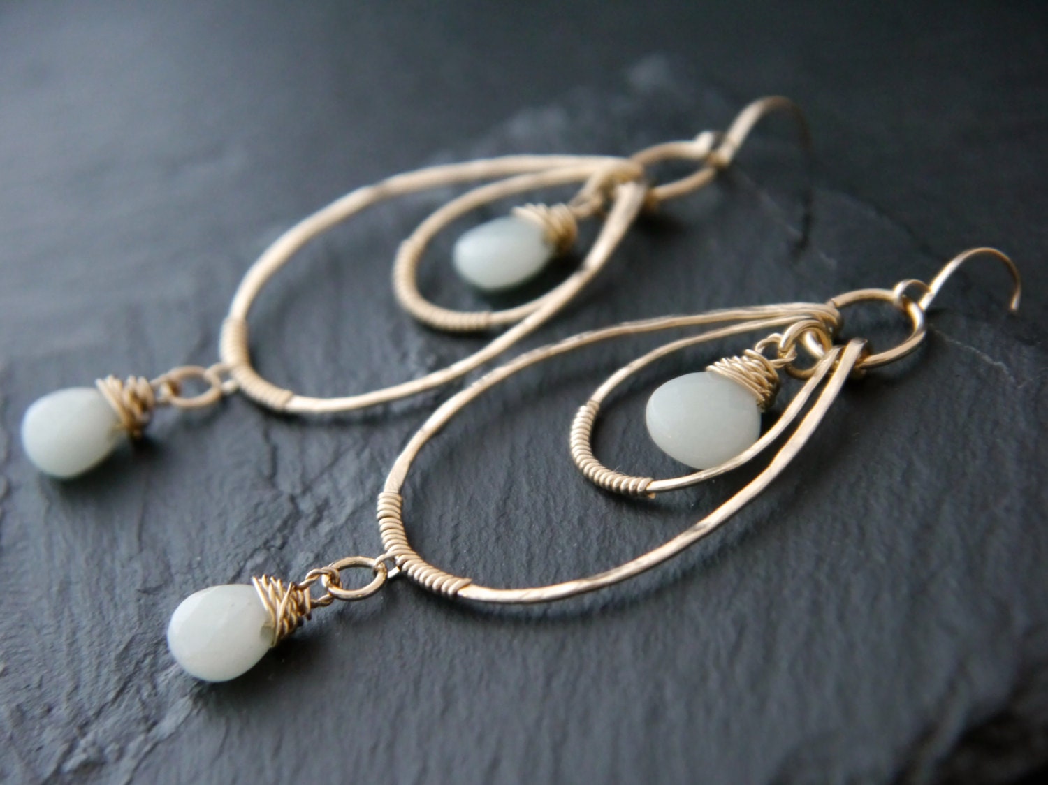 Aquamarine Amazonite Gold Hoop Earrings Gold Filled Teardrop Hoop Earrings Gemstone Briolette Teardrop Earrings Earrings Wedding Bride