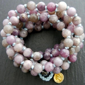 Mala Beads 108 Lilac Stone Lavender Purple Gemstone Necklace Wrap Bracelet Hand Knotted  Yoga Meditation