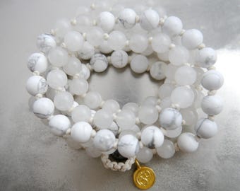 Mala Beads 108 White Howlite Quartz Gemstone Necklace Wrap Bracelet Hand Knotted Silk Om Charm Boho Yoga Japa Prayer Meditation