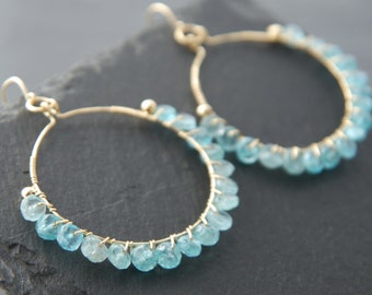 Apatite Large Gold Hoops Gold Fill Wire Wrapped Blue Apatite Aqua Gemstone Earrings Earrings Something Blue Bohemian Wedding Bride