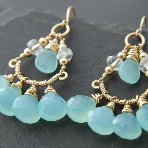 Aqua Chalcedony Heart Briolette Chandelier Earrings, Wire shops Wrapped Gemstone Earrings, Aquamarine, Something Blue, Statement Earrings