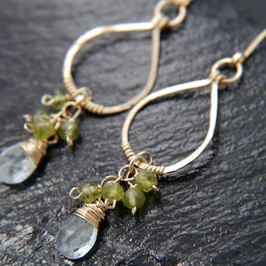 Aquamarine Briolette Peridot Teardrop Cluster Wire Wrapped Gold Filled Dangle Chandelier Earrings March Birthstone