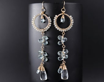 Natural Aquamarine White Topaz Quartz  Earrings Gold Filled Wire Wrapped Gemstone Chandelier Earrings Statement Wedding Bride