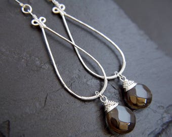 Smokey Quartz Teardrop Earrings Sterling Silver Earrings Hoop Earrings Wire Wrapped Wedding Earrings Gemstone Earrings Boho Bohemian