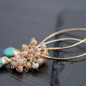 Gold Filled Turquoise Earrings Pink Opal Earrings Long Hoop Earrings Cluster Earrings Flower Earring Bohemian Blush Pink Wedding Bride image 7