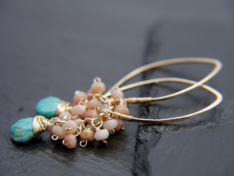 Gold Filled Turquoise Earrings Pink Opal Earrings Long Hoop Earrings Cluster Earrings Flower Earring Bohemian Blush Pink Wedding Bride image 7