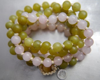 Mala Beads 108 Rose Quartz Gemstone Necklace Wrap Bracelet Hand Knotted Silk Om Charm Boho Yoga Japa Prayer Meditation