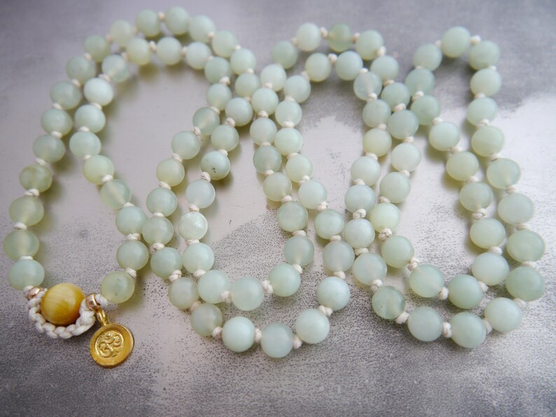Mala Beads 108 Gemstone Necklace Wrap Bracelet Hand Knotted Silk Om Charm Boho Yoga Japa Prayer Meditation image 5