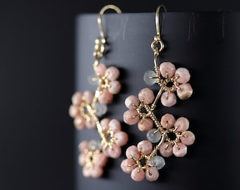 PinFlower Earrings Pink Rhodonite Gold Filled Earrings Floral  Earrings Delicate Romantic Wedding Bride