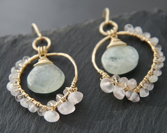 Aquamarine Rose Quartz Chandelier Earrings Gold Fill Wire Wrapped Gold Leaf Earrings Gemstone Briolette Gemstone Earrings Hippie Bride
