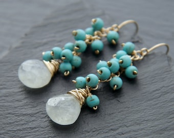 Turquoise Aquamarine Cluster Earrings Gold Fill Wire Wrapped Gemstone Briolette Teardrop Earrings Aqua Dangle Earrings Hippie Wedding