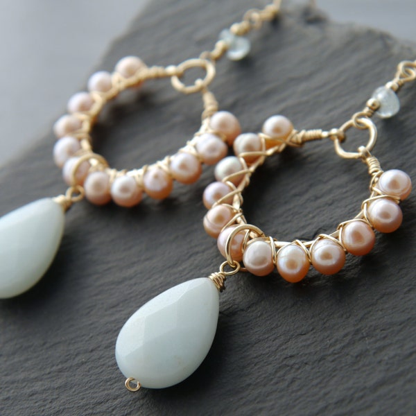 Pink Pearl Aqua Amazonite Gold Hoop Earrings Teardrop Hoop Earrings Gold Fill Wire Wrapped Gemstone Earrings Earrings Wedding Bride