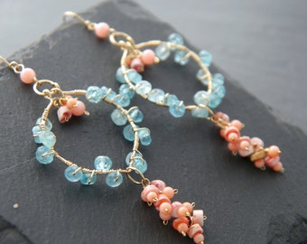 Pink Coral Apatite Dangle Leaf Chandelier Earrings Gold Fill Wire Wrapped Blue Apatite Gemstone Cluster Earrings Bohemian Wedding Bride