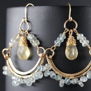 Natural Aquamarine Citrine Chandelier Earrings Gold Filled Wire Wrapped Flower Earrings Floral Wedding Bride