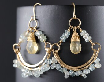 Natural Aquamarine Citrine Chandelier Earrings Gold Filled Wire Wrapped Flower Earrings Floral Wedding Bride