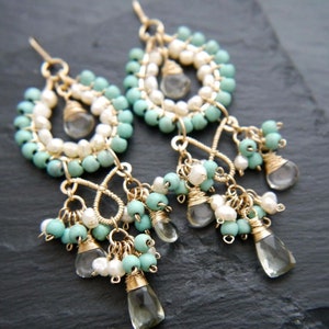 Bohemian Earrings Large Chandelier Earrings Turquoise Gold Filled Earrings Green Amethyst Prasiolite Pearl Earrings February Birthstone