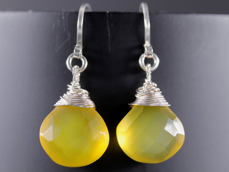 Yellow Chalcedony Earrings Sterling Silver Earrings Heart Briolette Earrings Gemstone Wire Wrapped Gemstone Earrings Marigold image 2