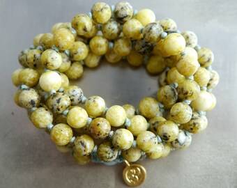 Mala Beads 108 Yellow Turquoise Gemstone Necklace Wrap Bracelet Hand Knotted Silk Om Charm Boho Yoga Japa Prayer Meditation