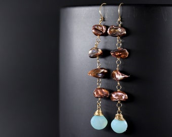 Baroque Freshwater Pearl and Aqua Chalcedony Long Dangle Earrings, 14K Gold Filled Gemstone Earrings, Burgundy, Red, Merlot