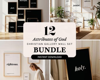 Láminas con 12 atributos de Dios / Paquete de láminas para pared de galería cristiana (descarga digital)