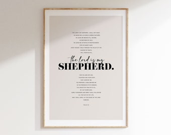 Puede incluir: Una impresión de arte de pared imprimible beige con texto negro. El texto dice "El Señor es mi pastor." e incluye un pasaje del Salmo 23.
