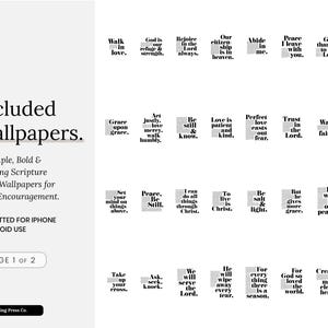 Peut inclure: Un produit num&eacute;rique avec 63 fonds d'&eacute;cran bas&eacute;s sur des &eacute;critures pour l'encouragement quotidien. L'image pr&eacute;sente des citations inspirantes dans un design minimaliste, format&eacute; pour iPhone et Android. Le texte comprend des phrases comme "Marchez dans l'amour".