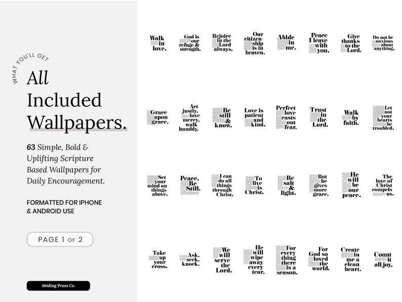 Peut inclure: Un produit num&eacute;rique avec 63 fonds d'&eacute;cran bas&eacute;s sur des &eacute;critures pour l'encouragement quotidien. L'image pr&eacute;sente des citations inspirantes dans un design minimaliste, format&eacute; pour iPhone et Android. Le texte comprend des phrases comme "Marchez dans l'amour".