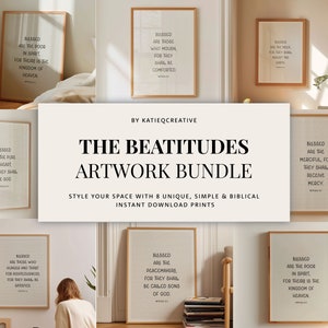 Puede incluir: Un conjunto de ocho impresiones de arte de pared imprimibles que presentan las Bienaventuranzas de la Biblia. Cada impresión tiene un fondo blanco con texto negro y un diseño simple y moderno.