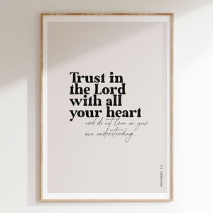 Confía en el Señor con todo tu corazón Arte de pared con versículo bíblico, Proverbios 3:5 Póster de las Escrituras modernas cristianas, Tipografía Decoración minimalista para el hogar