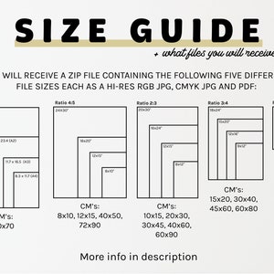 以下が含まれることがあります： デジタルダウンロードのサイズガイド。5つの異なるアスペクト比と、インチとセンチメートルで示された対応する寸法を示しています。ガイドには、4:5、2:3、3:4、11:14の比率が含まれています。