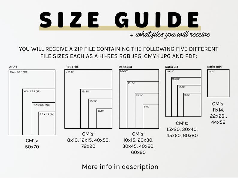 May include: A size guide for digital downloads, showing five different aspect ratios and the corresponding sizes in centimeters. The ratios are 4:5, 2:3, 3:4, and 11:14. The sizes are 8x10, 12x15, 40x50, 72x90, 10x15, 20x30, 30x45, 40x60, 60x90, 15x20, 30x40, 45x60, 60x80, 11x14, 22x28, and 44x56.