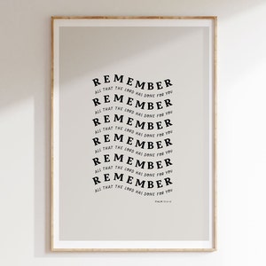 May include: A printable wall art design with a light grey background and black text. The text reads "Remember all that the Lord has done for you" repeated in a spiral pattern. The text is from Psalm 103:2.