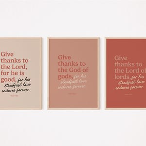 Conjunto de 3 versículos bíblicos para impressão do Salmo 136 – Arte de parede com escrituras e cartões com versos pautados – Presente cristão – Download instantâneo