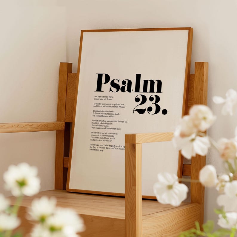 May include: A framed print with a white background and black text. The text reads "Psalm 23." and includes a German translation of the Psalm 23 verses.