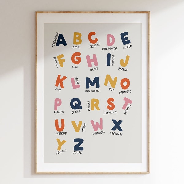 Alphabet Feelings Poster, Nursery printable Wall Art, Kids Room Artwork Print, Baby room Decor, baby shower gift idea, Colourful, fun print