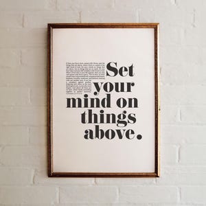 Set Your Mind On Things Above Bible Verse Wall Art, Colossians 3:1-4, Christian Modern Scripture Poster Typography Minimalist Home Decor